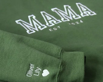 Custom Mama Embroidered Sweatshirt, Custom Mama Crewneck With Kids Names, Heart On Sleeve, Gift For New Mom,Mother's Day Gift, Shirt For Her