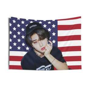 Skz Han Jisung Photo Flag Banner, Stray Kids Han Jisung Kpop American Flag Tapestry, Jisung Kpop Merch Decor, Gift for Stays Fan Gift Ideas