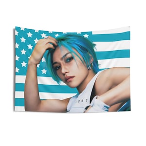 SKZ Felix Blue Hair Flag Banner, StrayKids Felix Kpop American Flag Tapestry, SKZ Felix Kpop Merch Decor, Gift Ideas for SKZ Felix Kpop Fan