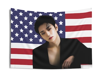 Mingyu Flexing Biceps American Flag Tapestry - Seventeen Kpop