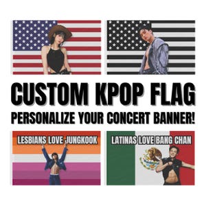 Puede incluir: Cuatro banderas diseñadas a medida con diferentes diseños y textos. Las dos banderas de arriba son banderas americanas con una persona de pie frente a cada una. Las dos banderas de abajo son una bandera del orgullo arcoíris y una bandera mexicana. Cada bandera tiene texto en ella. El texto en la bandera de arriba a la izquierda es "LESBIANS LOVE JUNGKOOK". El texto en la bandera de arriba a la derecha es "LATINAS LOVE BANG CHAN".