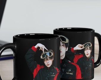 Ateez Yunho-bril Aniteez fotocollage zwarte mok: Atiny Kpop concerttour merchandise cadeau 2025 (11oz, 15oz)