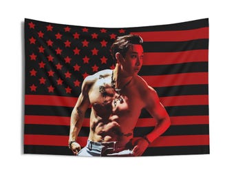 Pancarta con la bandera estadounidense de Skz Bang Chan sin camisa: Merchandising y regalos de la gira de conciertos de Kpop Stays de Stray Kids 2026