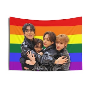 Xlov Members Hug Gay Pride Flag Banner, Xlov Members Kpop Flag, Xlov 2025 Tour Merch, Gift Ideas for Evol, Birthday Gift & Concert Merch