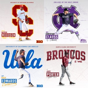 May include: A collage of four baseball players from different universities. The top left image shows a player from the University of Southern California wearing a red and gold uniform. The top right image shows a player from the College of the Holy Cross wearing a purple uniform. The bottom left image shows a player from the University of California, Los Angeles wearing a blue and white uniform. The bottom right image shows a player from Santa Clara University wearing a red uniform.