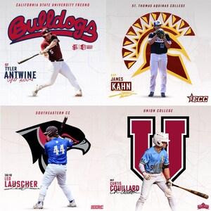 May include: A collage of four baseball team logos with the names of the teams and the players' names and positions. The teams are the California State University Fresno Bulldogs, the St. Thomas Aquinas College Spartans, the Southeastern Community College Blackhawks, and the Union College Dutchmen.