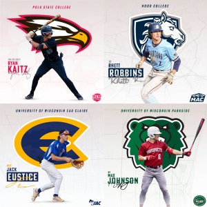 May include: Four baseball players in uniform, each with their name and team name. The players are from Polk State College, Hood College, University of Wisconsin Eau Claire, and University of Wisconsin Parkside. The image is a collage of four photos.