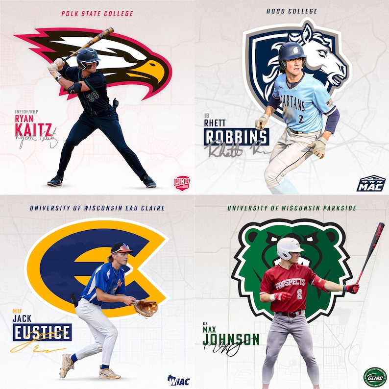 May include: Four baseball players in uniform, each with their name and team name. The players are from Polk State College, Hood College, University of Wisconsin Eau Claire, and University of Wisconsin Parkside. The image is a collage of four photos.