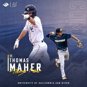 May include: A baseball player in a white jersey with the letters "UC" on the front, wearing a black helmet, is shown in a field. The player is holding a bat and is looking to the right. The player's name, "Thomas Maher", is written in large letters on the left side of the image. The text "University of California San Diego" is written at the bottom of the image.