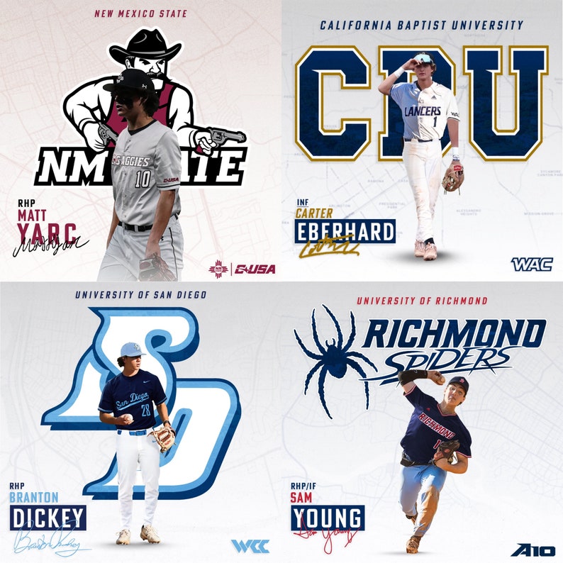 May include: A collage of four baseball team logos with the names of the teams and the players' names and positions. The teams are the New Mexico State Aggies, the California Baptist University Lancers, the University of San Diego Toreros, and the University of Richmond Spiders.