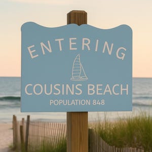 Può includere: Un cartello azzurro con le parole "ENTERING COUSINS BEACH" e una grafica di una barca a vela. Il cartello mostra anche "POPULATION 848". Il cartello è montato su un palo di legno, con una spiaggia e l'oceano sullo sfondo.