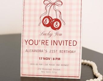 Invito per festa a tema ciliegia e palla 8 "Lucky You" / Invito per festa retrò a tema ciliegia / Modello di compleanno a quadretti rosa / Invito modificabile su Canva