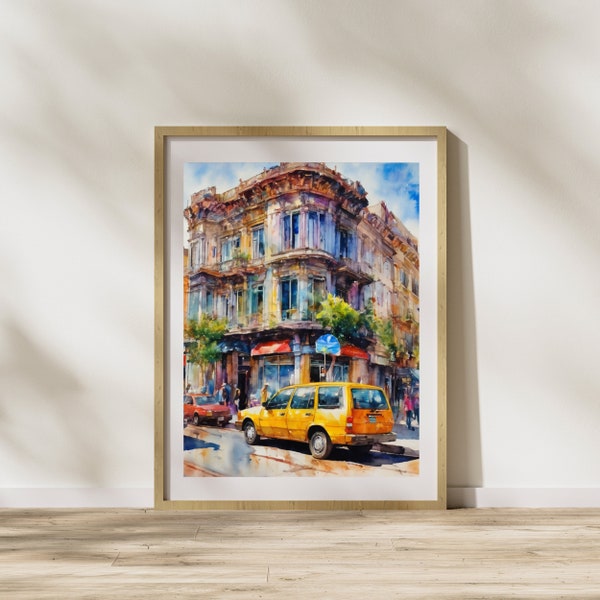 Cityscape with Yellow Car water colour - Urban Art Decor