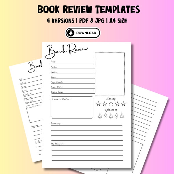 Book Review Template - Booktok, Spicy, Smut, Digital reading journal & review, book club printables, book review tracker pdf template JPG