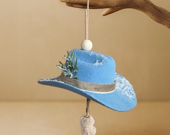 The POWDERHORN: Handmade Blue Cowboy Cowgirl Hat Ornament + Car Charm, Rustic Western Christmas Decor