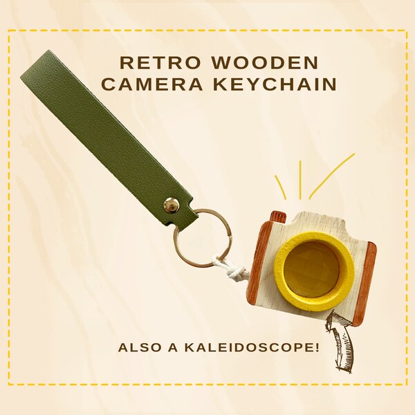 Camera Keychain Wooden Retro Photography Backpack Clutch Accessory, Kaleidoscope Lens, Hiker Outdoors Photography Gift, Zipper Charm