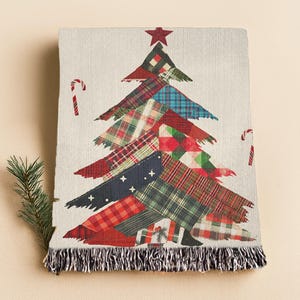 Plaid Weihnachtsbaum Gewebte Decke: Patchwork Quilt Inspiriert Urlaub Baumwollüberwurf, Mehrfarbig