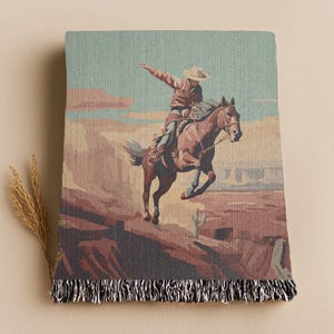 Western Cowboy Vintage Style Southwest Woven Blanket, Retro Southwest Horse Throw, Southwestern Fringe Tapestry, Cactus Rancher Gift