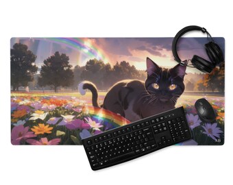 Feline Rainbow Reverie: A cat basking in the floral fields under a rainbow.