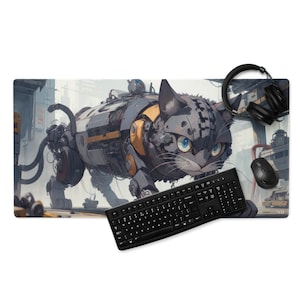 May include: A grey and black mechanical cat with yellow accents walks on a grey and white cityscape background. A black keyboard and a black mouse are in the foreground.