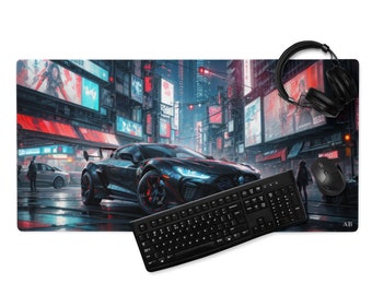 Neon Metropolis Drive: A sleek car cruising through the rain-soaked cyber streets.