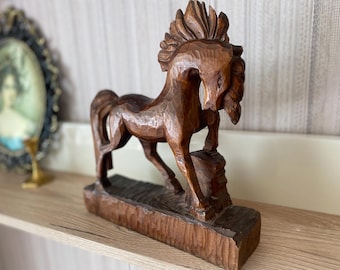 Vintage Carved Wood Horse Sculpture, Rustic Home Decor