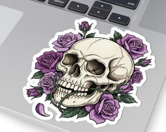 Pegatinas troqueladas de calavera con rosa morada / Pegatina floral gótica