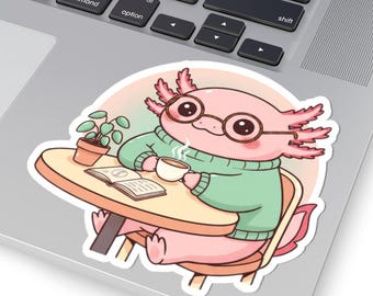 Pegatina de ajolote acogedor tomando café / Vinilo decorativo de animales con diseño original (troquelado)
