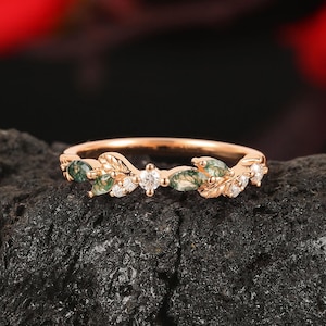 Marquise Cut Moss Agate Wedding Band, Yellow Gold Ring, Vintage Leaf Ring, Unique Matching Ring, Bridal Stacking Ring, Anniversary Ring Her