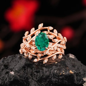 2Pcs Leaf Twig Bridal Set Oval Cut Lab Emerald Engagement Ring Vintage Branch Wedding Band Natural Inspired Ring Enhancer Double Ring Jacket