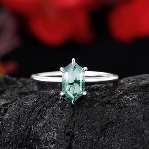 Long Hexagon Moss Agate Ring, Solitaire Engagement Ring, 14K White Gold Wedding Ring, Anniversary Promise Ring, Prong Set Bridal Ring Women