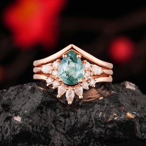 Moss Agate Bridal Ring Set Pear Shaped Engagement Ring Rose Gold Enhancer Wedding Band Vintage Double Ring Jacket Anniversary Promise Ring