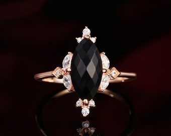 black onyx engagement ring, marquise cut rose gold ring, vintage diamond wedding ring, unique promise pong set ring, anniversary bridal ring