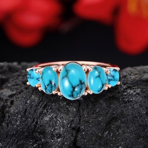 Oval Cut Turquoise Engagement Ring, Rose Gold Wedding Ring, Half Eternity Bridal Ring, Vintage Promise Ring for Her, Anniversary Ring Women