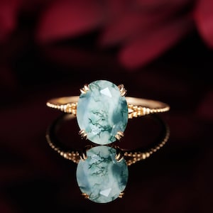 Oval Cut Moosachat Verlobungsring Solitär Ehering Vintage Milgrain Ring Split Schaft Einzigartiger Versprechen Schmuck Jahrestag Brautring