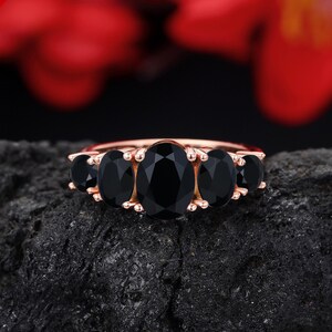 Oval Cut Black Onyx Ring, Rose Gold Engagement Ring, Vintage Bridal Wedding Ring, Half Eternity Promise Ring, Unique Anniversary Ring Women