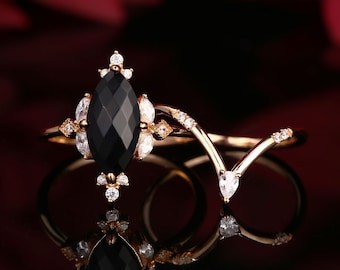 Marquise Cut Black Onyx Bridal Set Vintage Rose Gold Engagement Ring Pear Cut Moissanite Curved Chevron Wedding Band Diamond Milgrain Ring