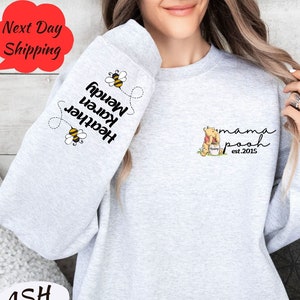 Custom Mama Bear Pocket Winnie The Pooh Sweatshirt Mama Est with Kid Name on Sleeve, Mothers Day Sweatshirt, Pocked Mama Sweatshirt