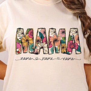 Floral Mama Comfort Colors Shirt, Mama Flower with Kids Names Comfort Colors Oversized T-shirt, Retro Boho Mama Shirt, Baby Shower Gift
