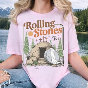 Comfort Colors Rolling Christian T-Shirt Trendy Stones Easter Clothing Jesus Christ Shirt Gift For Christian Faith-Based Graphic Tee jesus has risen tee he is risen t-shirt jesus christ t-shirt faith based graphic religious t-shirt resurrection t-shirt woman christian tee woman easter clothes best seller t-shirt trending christ tee christian shirt long sleeve comfort comfort colors tee