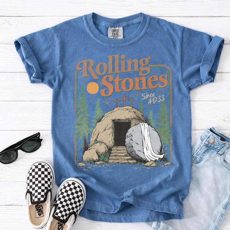 Comfort Colors Rolling Christian T-Shirt Trendy Stones Easter Clothing Jesus Christ Shirt Gift For Christian Faith-Based Graphic Tee jesus has risen tee he is risen t-shirt jesus christ t-shirt faith based graphic religious t-shirt resurrection t-shirt woman christian tee woman easter clothes best seller t-shirt trending christ tee christian shirt long sleeve comfort comfort colors tee