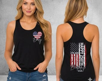 Custom America 250th Birthday Front and Back Print Tank Top, Personalized Name Patriotic Gift, Vintage America Flag Anniversary Tank