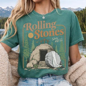 Comfort Colors Rolling Christian T-Shirt Trendy Stones Easter Clothing Jesus Christ Shirt Gift For Christian Faith-Based Graphic Tee jesus has risen tee he is risen t-shirt jesus christ t-shirt faith based graphic religious t-shirt resurrection t-shirt woman christian tee woman easter clothes best seller t-shirt trending christ tee christian shirt long sleeve comfort comfort colors tee