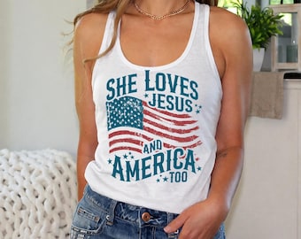 She Loves Jesus And America Too Tank Top, Christian Patriotic Tank, July 4 Tank Top, Womens USA Flag Tank