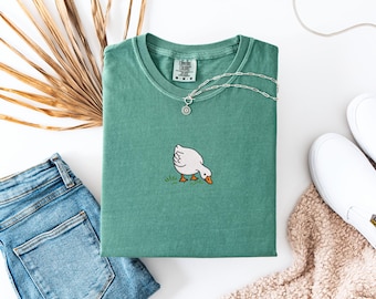 Comfort Colors Embroidery Goose Shirt, Geese Eating Grass Tee, Silly Goose Tee Embroidered Goose T-Shirt, Relaxed Aesthetic Embroidered Tee
