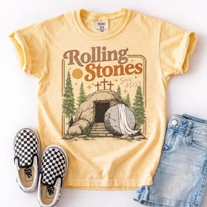 Comfort Colors Rolling Christian T-Shirt Trendy Stones Easter Clothing Jesus Christ Shirt Gift For Christian Faith-Based Graphic Tee jesus has risen tee he is risen t-shirt jesus christ t-shirt faith based graphic religious t-shirt resurrection t-shirt woman christian tee woman easter clothes best seller t-shirt trending christ tee christian shirt long sleeve comfort comfort colors tee