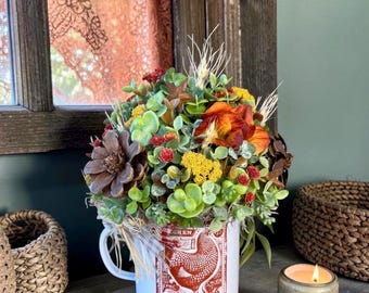 Rustic Rooster Mug Floral Arrangement | Farmhouse Kitchen Decor | Cottagecore Coffee Bar Decor | Tiered Tray Centerpiece | Country Cottage