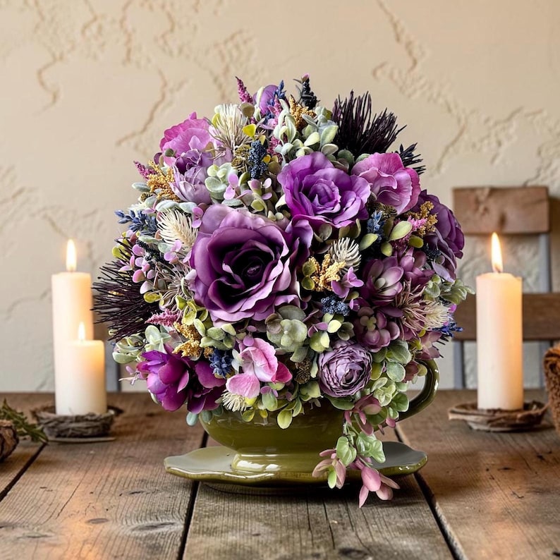 Moody purple faux flower centerpiece in authentic vintage gravy boat, cottagecore kitchen decor, French country table arrangement, tea party centerpiece, Victorian cottage aesthetic