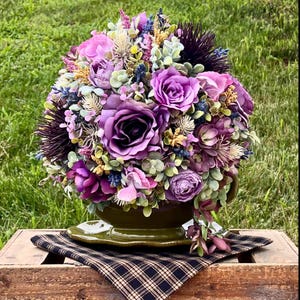 Purple farmhouse floral arrangement with romantic cottage flowers, French country kitchen decor, shabby chic centerpiece, collected antique aesthetic, tea party table decor