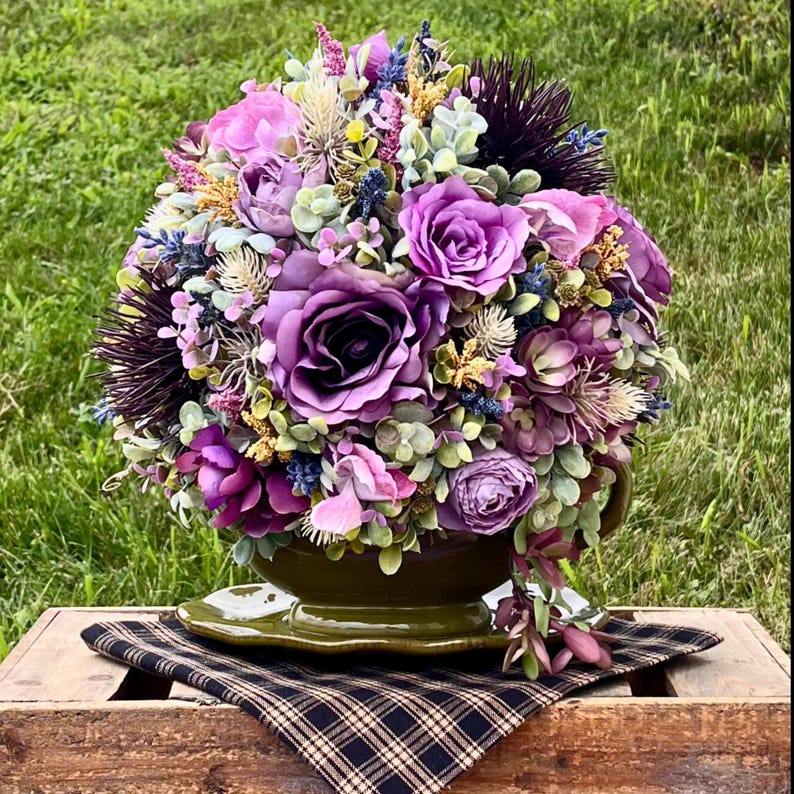 Purple farmhouse floral arrangement with romantic cottage flowers, French country kitchen decor, shabby chic centerpiece, collected antique aesthetic, tea party table decor